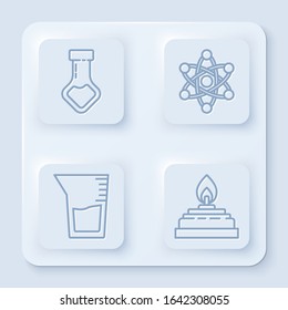 Set line Test tube and flask chemical, Atom, Laboratory glassware or beaker and Alcohol or spirit burner. White square button. Vector