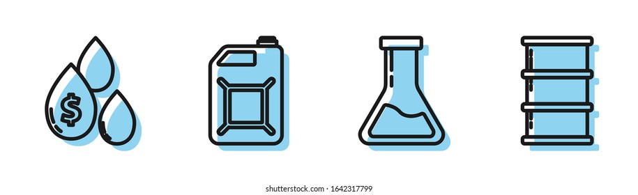 Set line Test tube and flask, Oil drop with dollar symbol, Canister for gasoline and Barrel oil icon. Vector