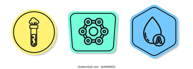 Fije la línea Tubo de ensayo y la sustancia química del matraz, Fórmula química y gota de agua. Formas coloreadas. Vector