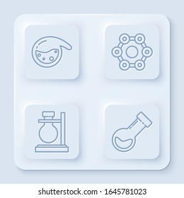 Set line Test tube and flask chemical, Chemical formula, Test tube flask on stand and Test tube and flask chemical. White square button. Vector