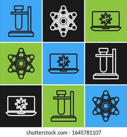 Set line Test tube flask on stand, Bacteria on laptop and Atom icon. Vector