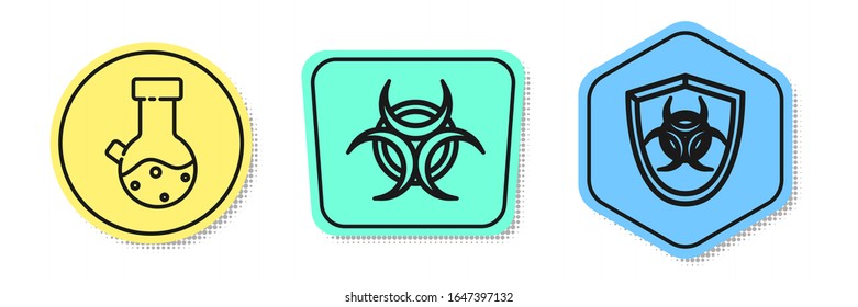 Ponga en la pantalla el tubo de ensayo y la sustancia del matraz, el símbolo Biohazard y el símbolo Biohazard. Formas coloreadas. Vector