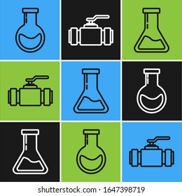 Set line Test tube and flask, Test tube and flask and Industry metallic pipes and valve icon. Vector