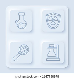 Set line Test tube and flask chemical, Radioactive in shield, Microorganisms under magnifier and Test tube flask on stand. White square button. Vector