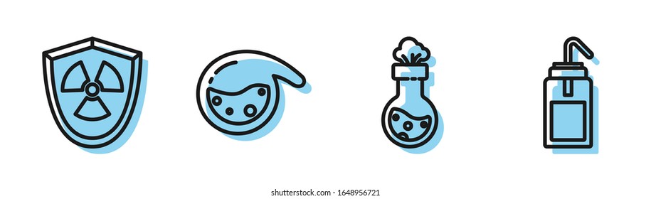 Set line Test tube and flask chemical, Radioactive in shield, Test tube and flask chemical and Laboratory wash bottle icon. Vector