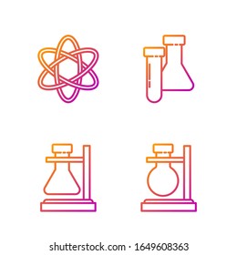 Set line Test tube flask on stand, Test tube flask on stand, Atom and Test tube and flask chemical. Gradient color icons. Vector