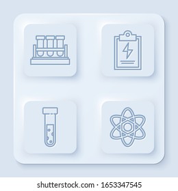 Set-line Prüfrohr und Kolben-Chemikalie, Laborklipappe mit Prüfliste, Prüfrohr und Kolben-Chemikalie und Atom. Weißer Quadrat-Knopf. Vektorillustration