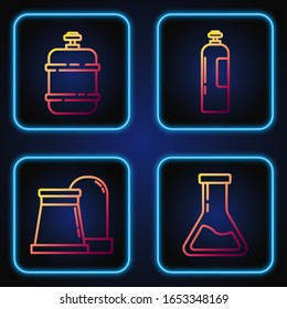 Set line Test tube and flask, Oil and gas industrial factory building, Propane gas tank and Industrial gas cylinder tank. Gradient color icons. Vector