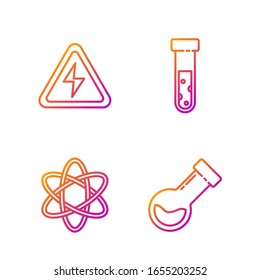 Set line Test tube and flask chemical, Atom, High voltage sign and Test tube and flask chemical. Gradient color icons. Vector