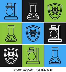 Set line Test tube flask on stand, Biohazard symbol on shield and Test tube and flask chemical icon. Vector