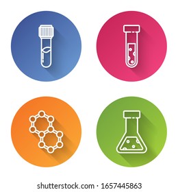 Set line Test tube and flask chemical, Test tube and flask chemical, Molecule and Test tube and flask chemical. Color circle button. Vector