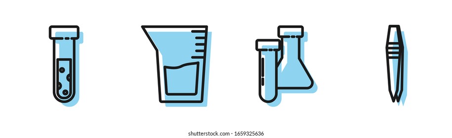 Set line Test tube and flask chemical, Test tube and flask chemical, Laboratory glassware or beaker and Tweezers icon. Vector