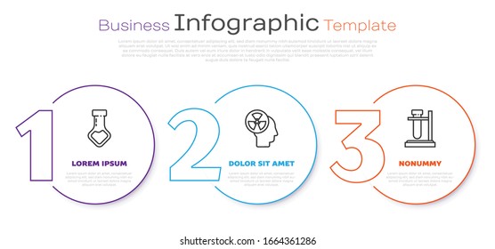 Fije la línea Tubo de ensayo y la sustancia química del matraz, cabeza humana y un matraz del tubo de ensayo y radiación en el soporte. Plantilla de infografía empresarial. Vector