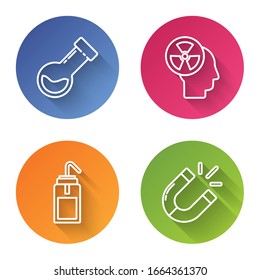 Fije la línea Tubo de prueba y la sustancia química del matraz, cabeza humana y una radiación, frasco de lavado de laboratorio y imán. Botón de círculo de color. Vector