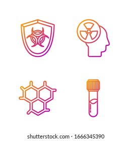 Fije la línea Tubo de ensayo y la sustancia química del matraz, Fórmula química, Símbolo de Biopeligro en el escudo y cabeza humana y una radiación. Iconos de color degradado. Vector