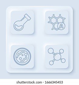 Fijar la línea Tubo de prueba y la sustancia del matraz, Fórmula química, Bacterias y Molécula. Botón cuadrado blanco. Vector