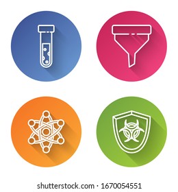 Set line Test tube and flask chemical, Funnel or filter, Atom and Biohazard symbol on shield. Color circle button. Vector