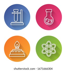 Set line Test tube flask on stand, Test tube and flask chemical, Alcohol or spirit burner and Atom. Color circle button. Vector