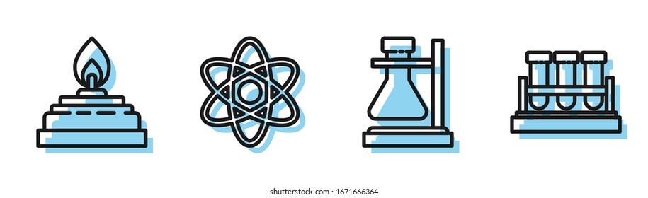 Set line Test tube flask on stand, Alcohol or spirit burner, Atom and Test tube and flask chemical icon. Vector