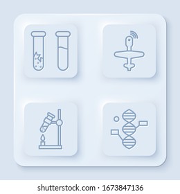 Set line Test tube and flask, UAV Drone, Test tube flask on fire and DNA symbol. White square button. Vector