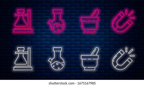 Set line Test tube and flask chemical, Mortar and pestle, Test tube flask on stand and Magnet. Glowing neon icon on brick wall. Vector