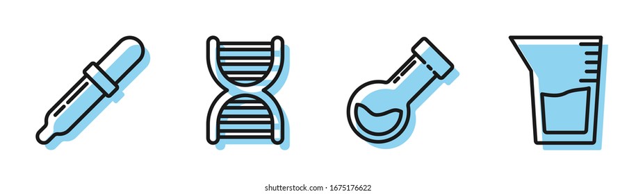 Set line Test tube and flask chemical, Pipette, DNA symbol and Laboratory glassware or beaker icon. Vector