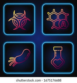 Set line Test tube and flask chemical, Bacteria, Biohazard symbol and Chemical formula. Gradient color icons. Vector
