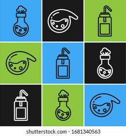 Set-Zeile Prüfrohr und Kolben Chemikalie, Laborwäsche-Flasche und Test-Tube und Kolben chemischen Symbol. Vektorillustration