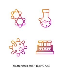 Set-line Prüfrohr und Kolben Chemikalie, Bakterien, Molekül und Prüfrohr und Kolben Chemikalie. Farbsymbole. Vektorillustration