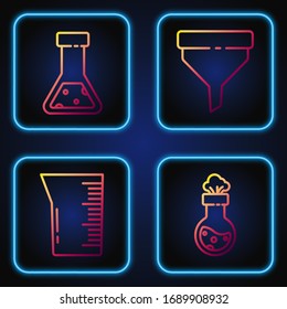 Fijar la línea Tubo de ensayo y la sustancia química del matraz, cristales de laboratorio o vaso de precipitado, Tubo de ensayo y sustancia química del matraz y embudo o filtro. Iconos de color degradado. Vector