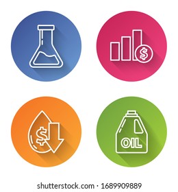 Set line Test tube and flask, Pie chart infographic and dollar, Drop in crude oil price and Canister for motor machine oil. Color circle button. Vector