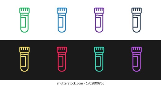 Fije la línea Tubo de prueba o matraz con el icono de la sangre aislado sobre fondo blanco y negro. Signo de laboratorio, químico, científico de vidrio. Ilustración vectorial