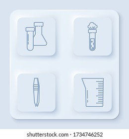 Set line Test tube and flask chemical, Test tube and flask chemical, Tweezers and Laboratory glassware or beaker. White square button. Vector