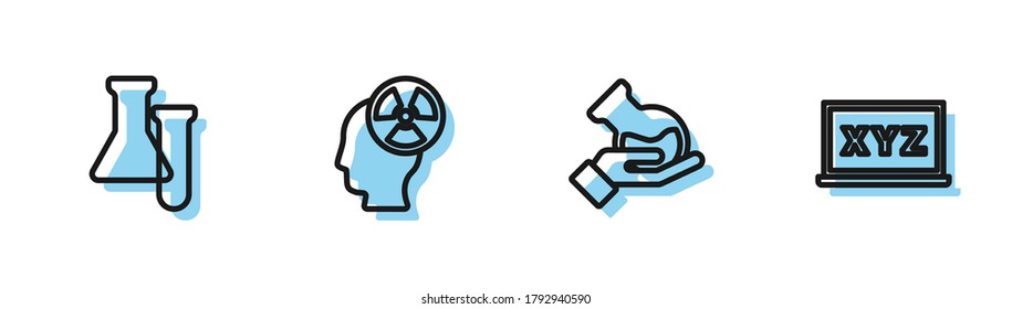 Set line Test tube and flask, , Head radiation symbol and XYZ Coordinate system icon. Vector