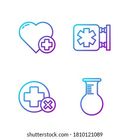 Set line Test tube and flask, Cross hospital medical, Heart with a cross and Medical symbol of the Emergency. Gradient color icons. Vector