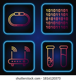 Ajuste el tubo de prueba y el matraz de línea, la señal de enrutador y wi-fi, Smartwatch y el código binario. Iconos de color de degradado. Vector