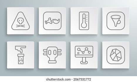 Set Line Test Tube And Flask, Broken, Gas Mask, Chemical Formula, Salt Stone, Medical Thermometer, Funnel Filter And Triangle Warning Toxic Icon. Vector