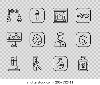 Set line Test tube flask on fire, Poison in bottle, Chemical online, and, Salt stone,  and Fire flame icon. Vector