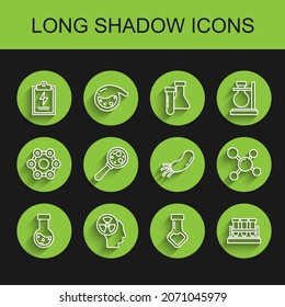 Set line Test tube and flask chemical, Human head radiation, Laboratory clipboard with checklist, Microorganisms under magnifier, Molecule and Bacteria icon. Vector