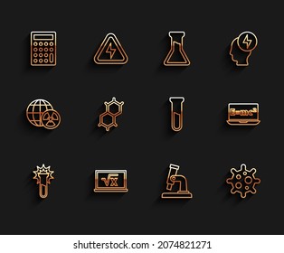 Fijar línea Tubo de prueba y matraz, Raíz cuadrada de x glifo, Calculadora, Microscopio, Virus, Fórmula química, Solución de ecuación e icono. Vector