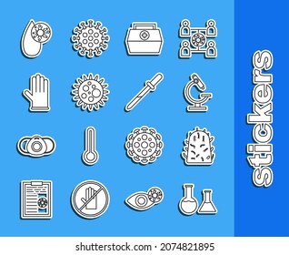 Set line Test tube and flask, Rabies virus, Microscope, First aid kit, Virus, Medical rubber gloves, Blood test and Pipette icon. Vector