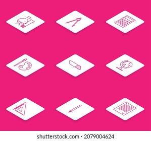 Set line Test tube and flask chemical laboratory test, Drawing compass, Calculator, Paint brush with palette, Eraser rubber, Earth globe, Triangular ruler and Pen icon. Vector