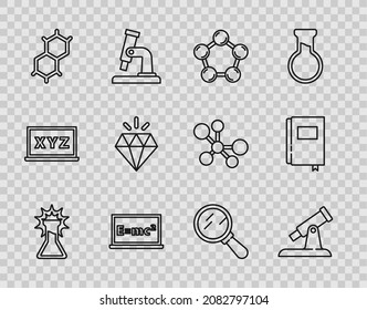Fijar línea Tubo de ensayo y matraz, telescopio, molécula, solución de ecuación, fórmula química, diamante, vidrio de aumento e icono de libro. Vector