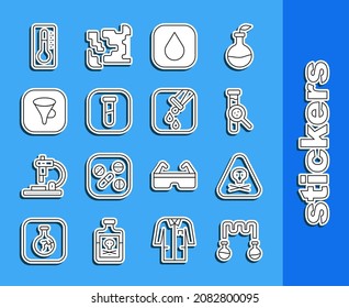 Fijar línea Tubo de ensayo y matraz, Tóxico de advertencia de triángulo, gota de agua, embudo o filtro, Termómetro médico e icono. Vector
