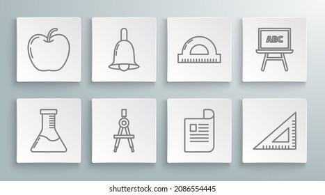 Set line Test tube and flask chemical laboratory, Ringing bell, Drawing compass, Document, Triangular ruler, Protractor grid for measuring degrees, Chalkboard and Apple icon. Vector