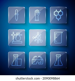 Set line Test tube and flask, Safety goggle glasses, Chemical formula, Molecule, on stand, Pipette and Laboratory glassware beaker icon. Vector