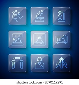 Set line Test tube and flask, Laboratory assistant, Experimental insect, on fire, 3D printing technology, Automatic irrigation sprinklers, Genetically modified food and Spectrometer icon. Vector
