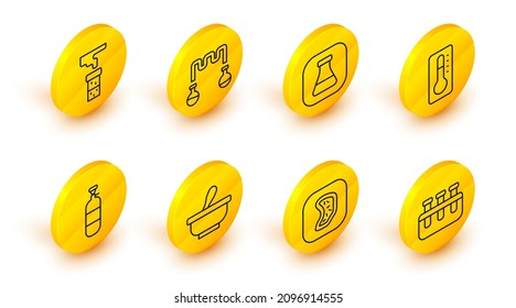 Set line Test tube and flask, Bacteria, Mortar pestle, Propane gas tank, Medical thermometer,  and  icon. Vector