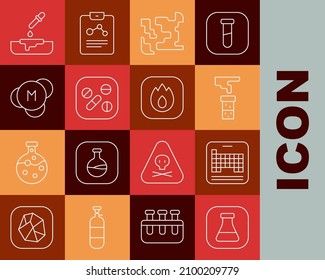 Set line Test tube and flask, Periodic table, Gaseous, Medicine pill or tablet, Molecule, Petri dish with pipette and Fire flame icon. Vector