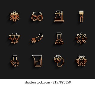 Set line Test tube and flask chemical, Laboratory glassware or beaker, Atom, Human head radiation, Chemical formula, Bacteria,  and  icon. Vector